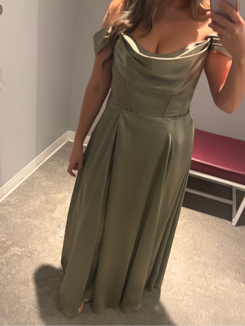 Davids Bridal Charmeuse Off-Shoulder Eucalyptus Green Evening Dress